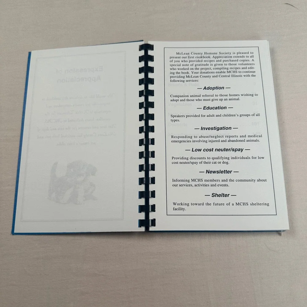 Vintage McLean County Humane Society Cookbook Spiral Bound Recipes Illinois 1993